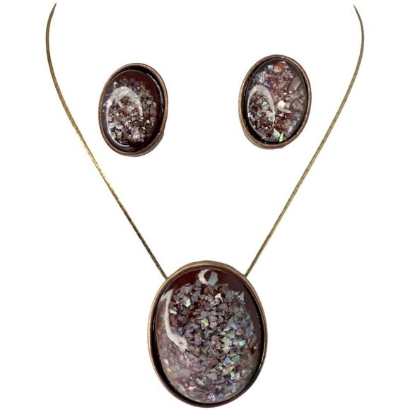 Vintage Abalone Mother of Pearl Jewelry Set Gold Tone Necklace, Earrings,Pendant - Picture 1 of 14